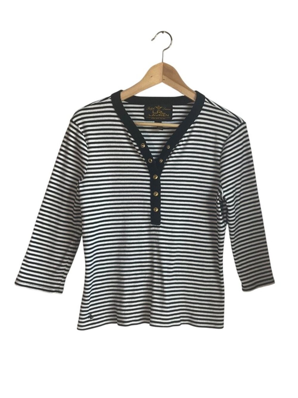 Vintage Ralph Lauren Black Label Large Striped Ribbed Henley T-Shirt Old Money